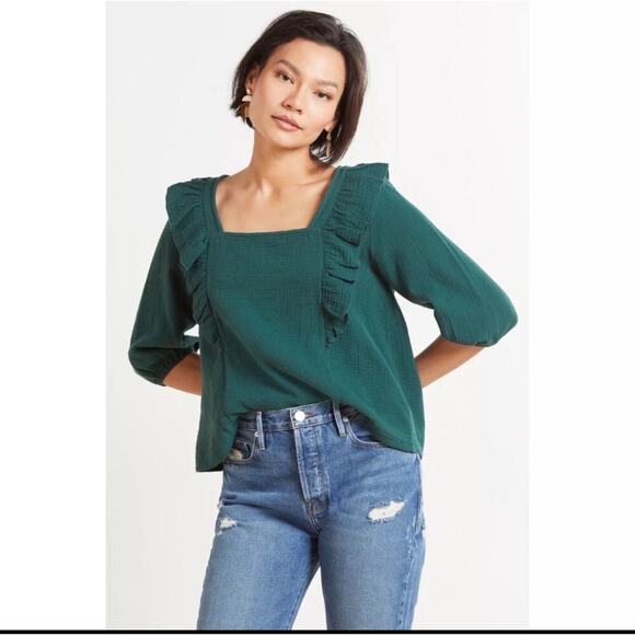 Evereve Francine Ruffle Gauze Emerald Green 3/4 Sleeve 100% Cotton Blouse XS - Picture 1 of 7